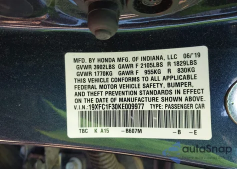 2019 Honda Civic Ex from USA, damaged, VIN 19XFC1F30KE009977
